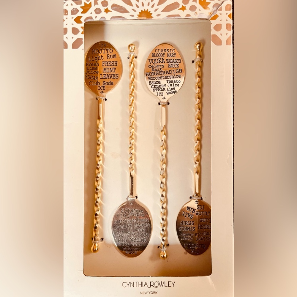 🍹Cynthia Rowley 4 Piece Gold Cocktail Drink Stirs Barware